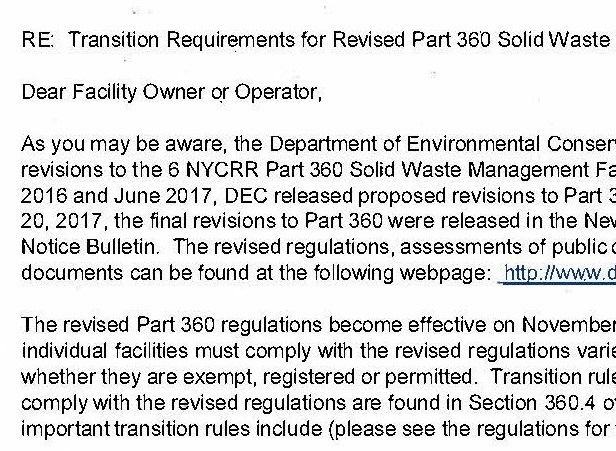 Transition Requirements Letter for Revised Part 360 Solid Waste Management Facility Regulations