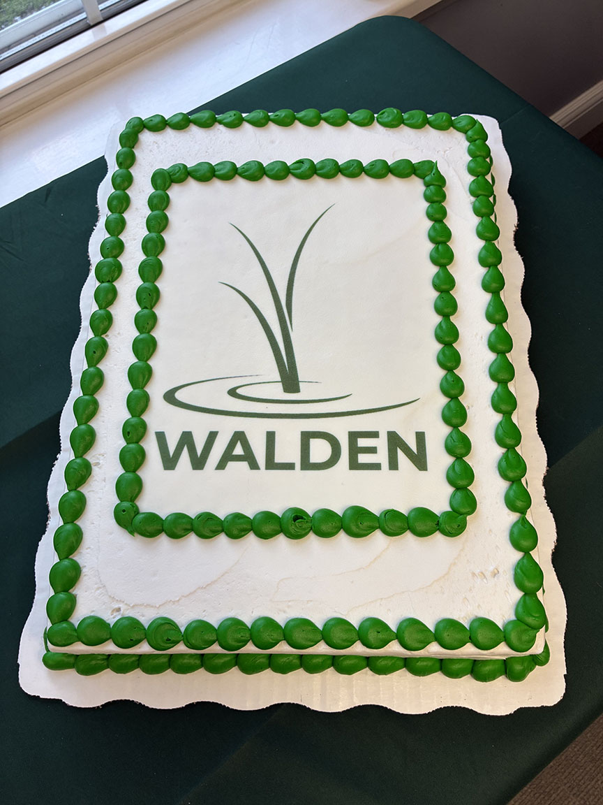 a white sheet cake with a green icing border
