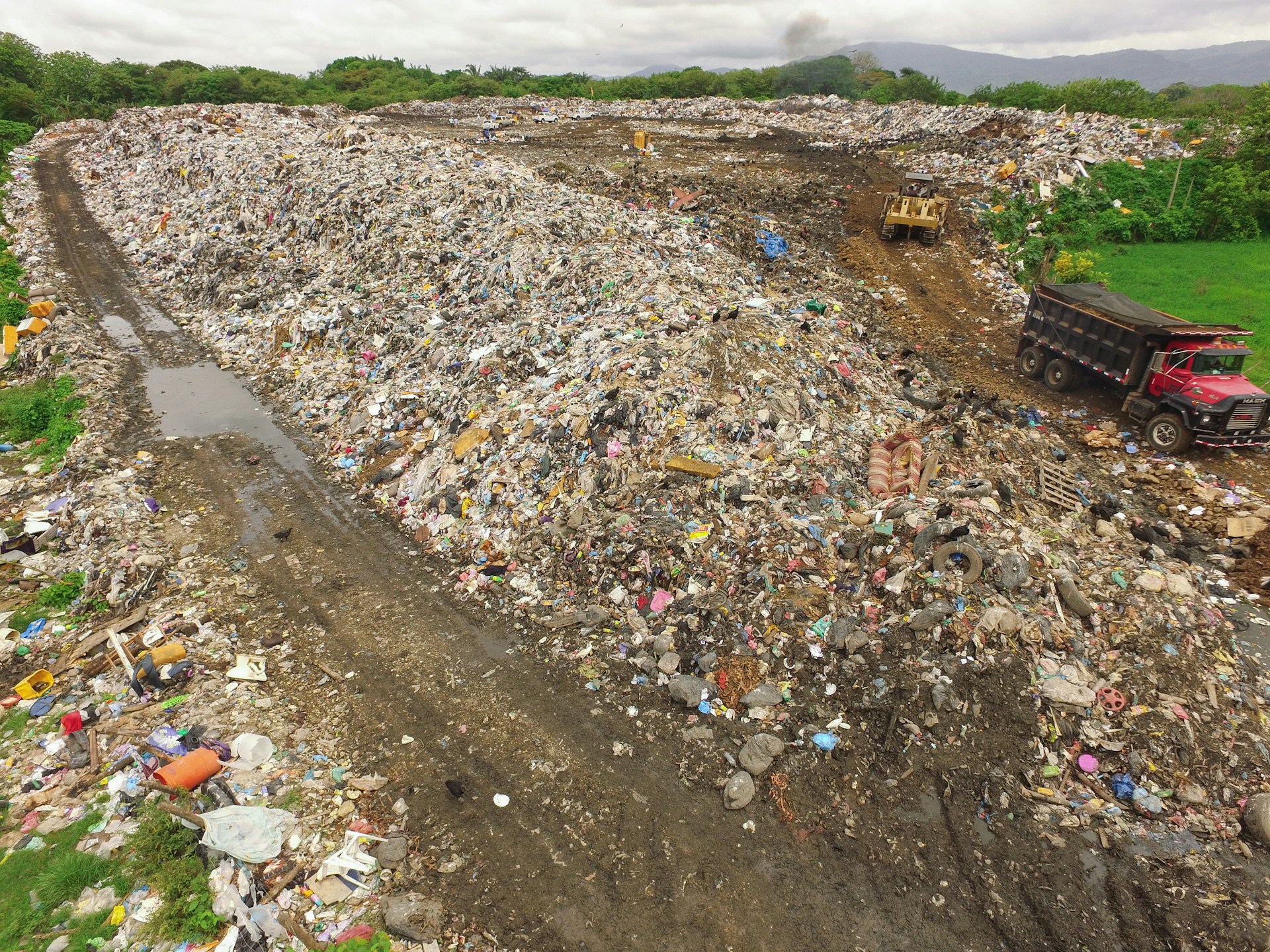 Overhead view of a large garbage dump.