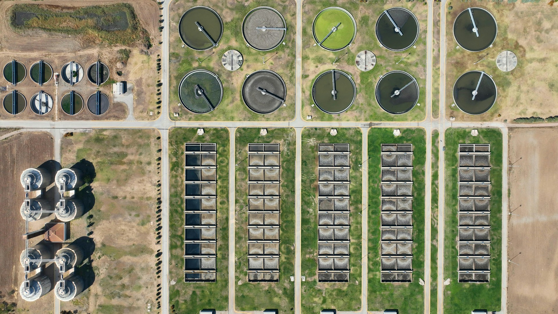 Aerial view of a water treatment plant.